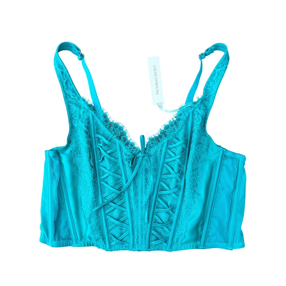 Victorias Secret Corset Top Teal Blue Lace Trim Mesh Bustier NWT‎ Large Party